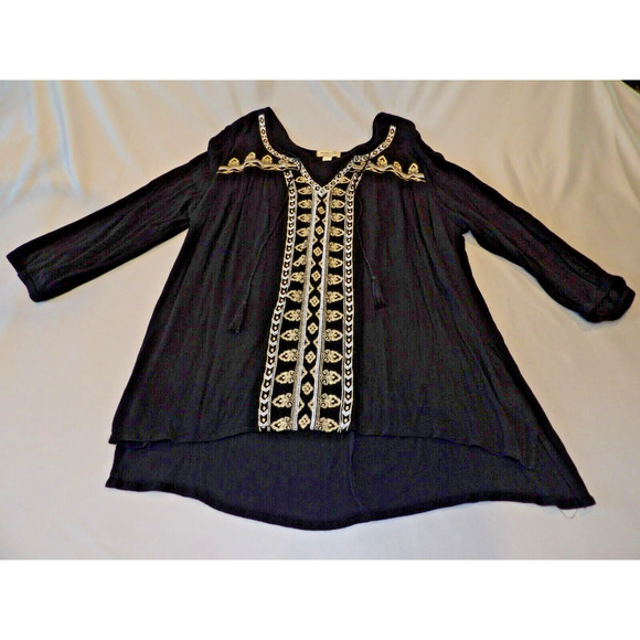 Live & Let Live Tops - One World Live & Let Live 2X Black Top Boho Crepe Sheer Gauzy Embroidered V Nec
